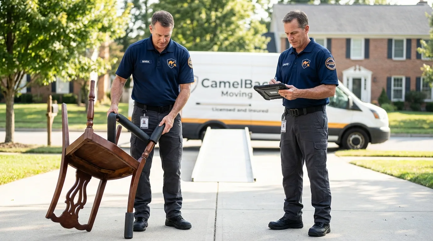 Movers inspecting furniture for damage prevention before loading in Cornelia, GA
