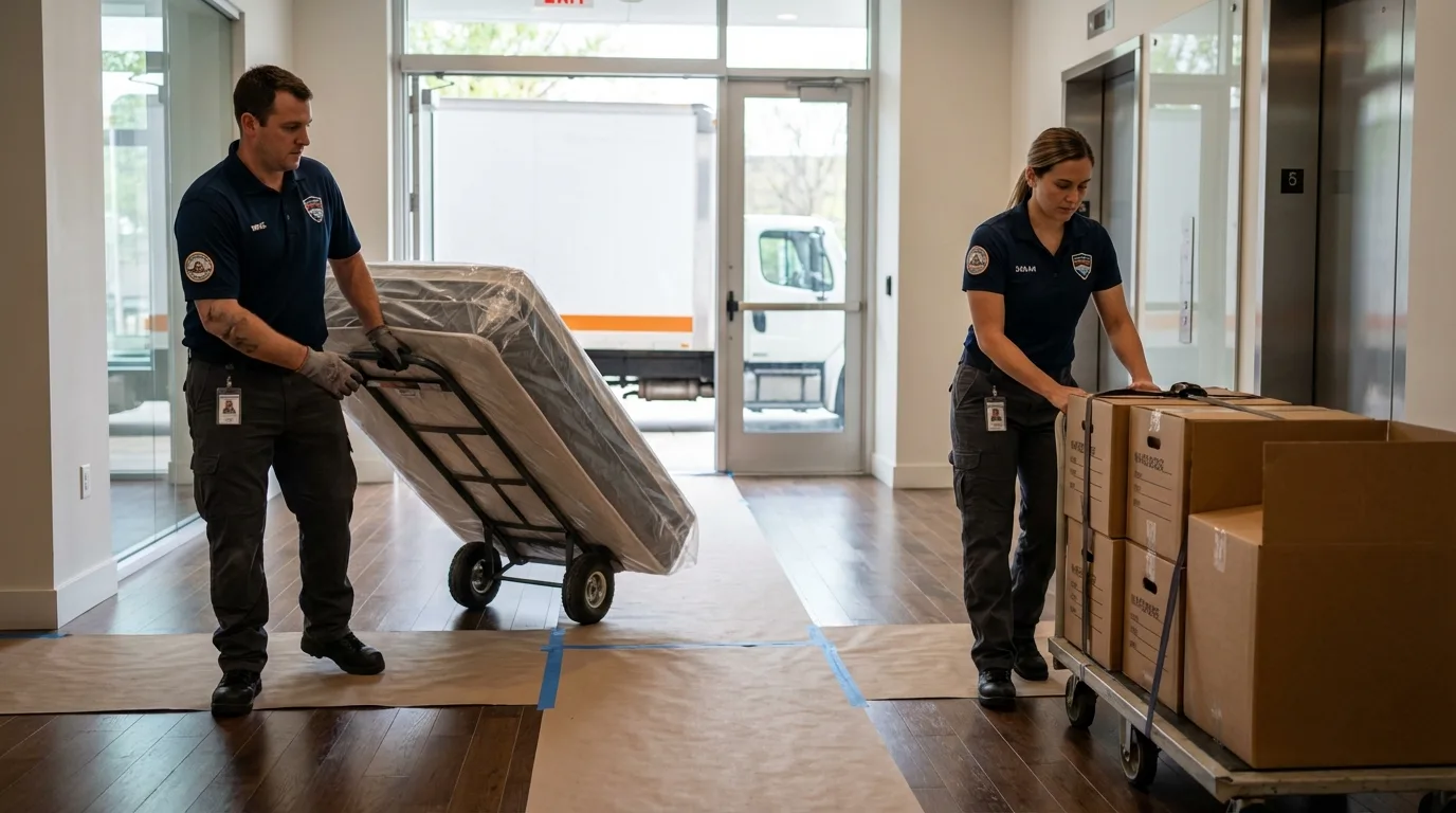 Professional apartment movers loading elevator in Cornelia, GA